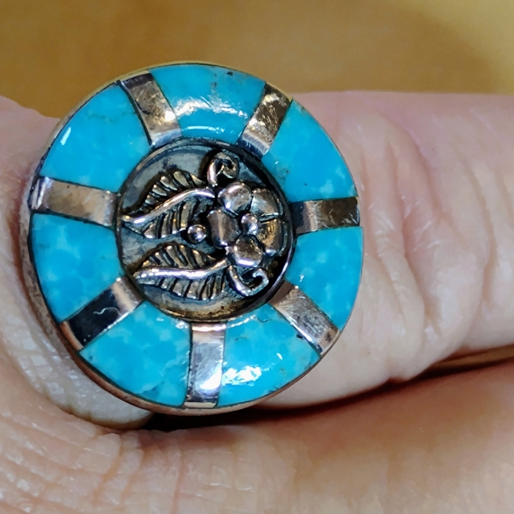 ⭐SANTA FE⭐                      MOJAVE TURQUOISE *INLAY* STERLING RING. SIZE-11 - Picture 9 of 12